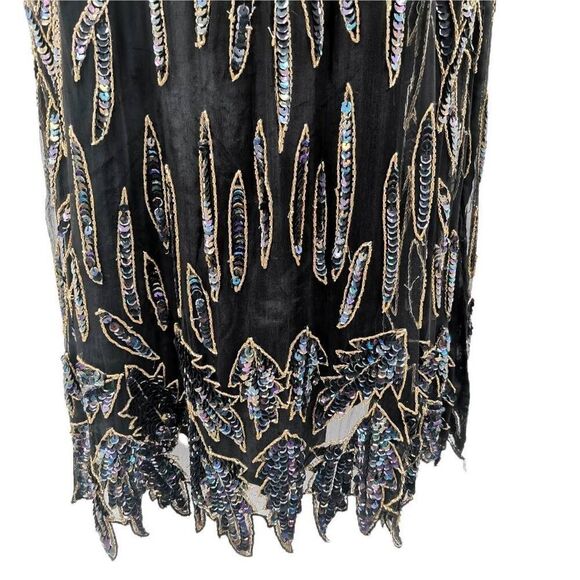Vintage Black Silk Dress with Iridescent Beaded Leaf Design and Fringe Hem | Tag - Picture 3 of 4